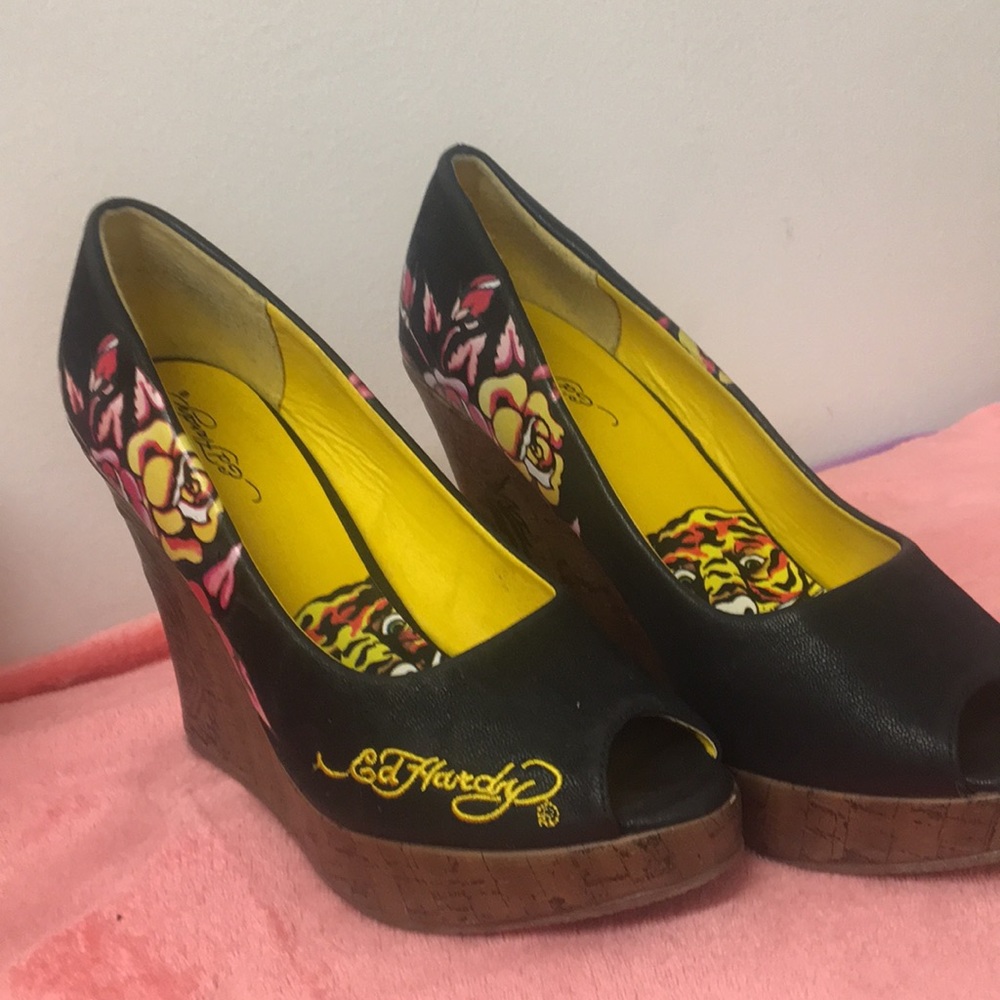 Ed Hardy Canvas wedges heels